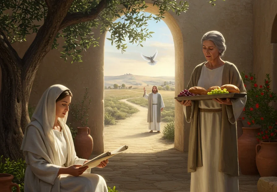 Two women in ancient robes with fruit and scroll, beneath a tree in a sunlit courtyard, as a man approaches—evoking the story of Mary and Martha in the Bible: stories and key lessons come to life.