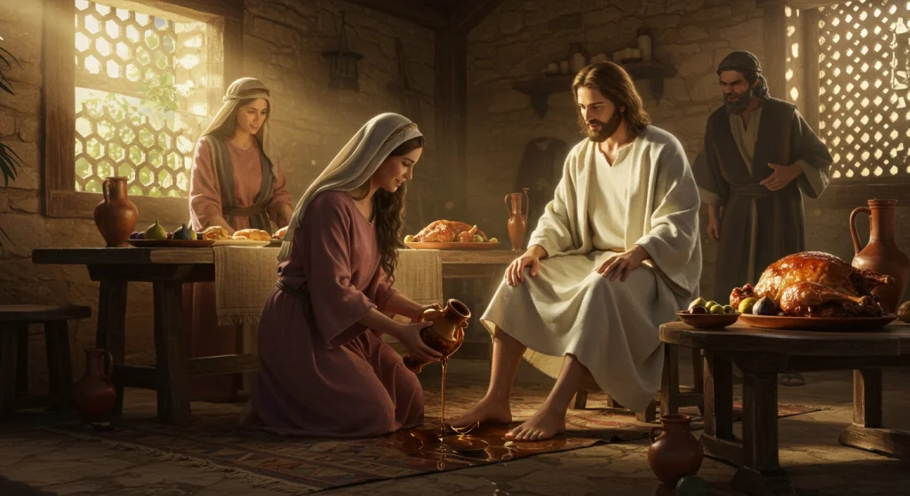 In a sunlit, rustic room, as people watch and food fills the tables, a woman pours oil on a man's feet—an evocative scene reminiscent of Mary and Martha in the Bible: stories and key lessons of service and devotion.