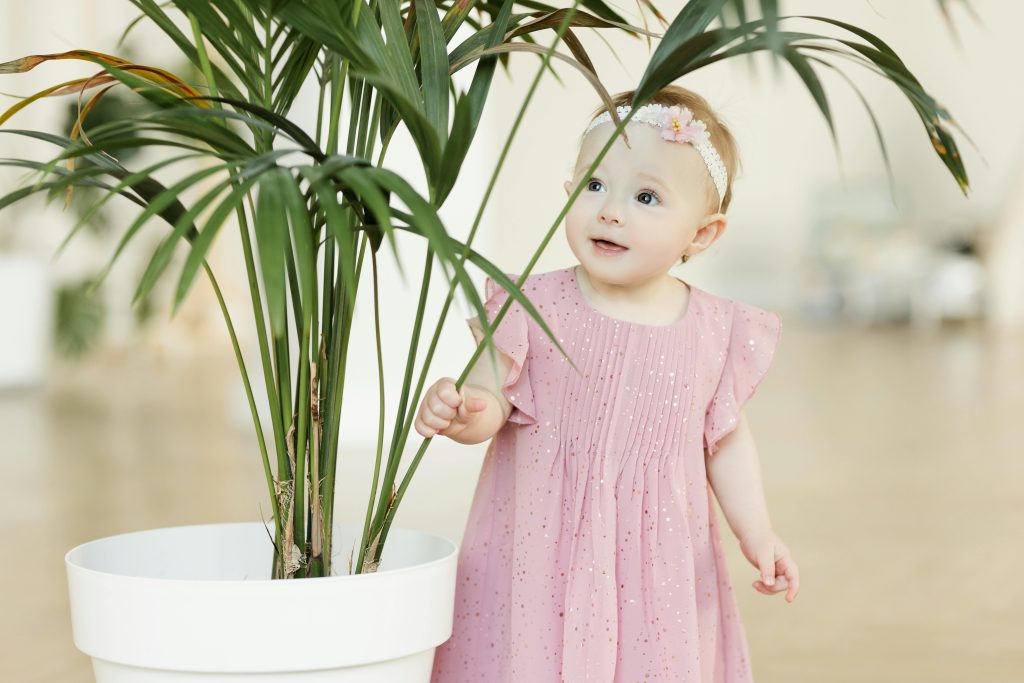 Um bebê com um vestido rosa olha com curiosidade para um grande vaso de planta dentro de casa.