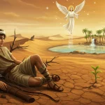 What Happened to Hagar's Son Ishmael in the Bible? A man rests by a tree in a desert, reminiscent of the biblical tale of Hagar's son Ishmael, gazing at an angel above an oasis. A small plant grows nearby.