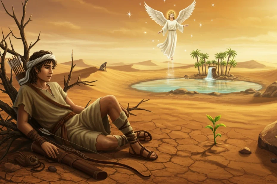 Um homem descansa ao lado de uma árvore em um deserto, lembrando a história bíblica do filho de Agar, Ismael, olhando para um anjo sobre um oásis. Uma pequena planta cresce nas proximidades.