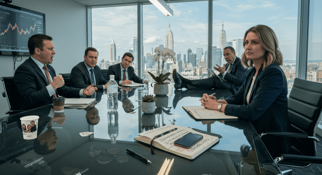 In a high-rise office with the city skyline as a backdrop, five people sit around a table engaging in a business meeting. Their discussion subtly reflects the principle of humility, echoing insights on what being humble really means in the Bible.