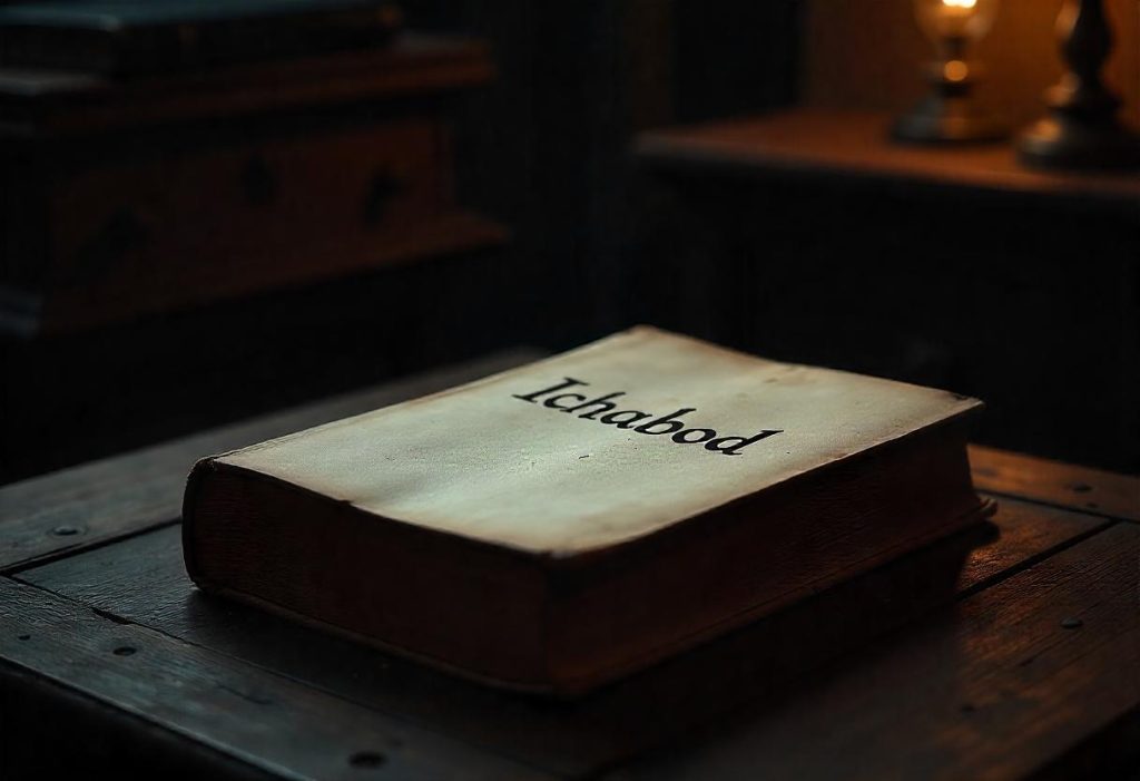 A vintage book titled "Ichabod," a name with roots tracing to Ichabod in the Bible, rests on a wooden table, illuminated by soft lamp light in a dimly lit room.