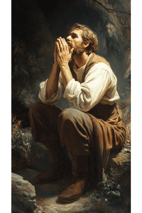 Un hombre se arrodilla en un entorno oscuro y rocoso, con sus ropas ásperas como testimonio de su viaje. Parece pensativo mientras ofrece oraciones de perdón, inspirándose en las enseñanzas de la Biblia.