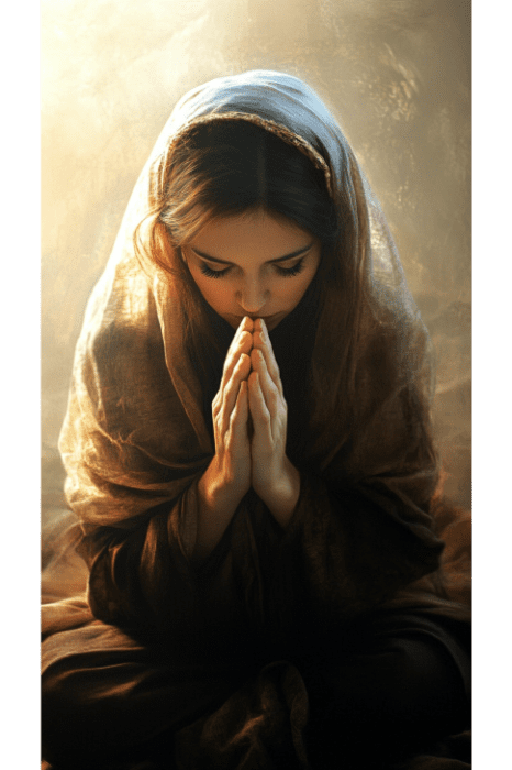 Mujer con pañuelo en la cabeza rezando, las manos entrelazadas, una cálida iluminación resalta su expresión serena, encarnando el espíritu de las oraciones de perdón de la Biblia.