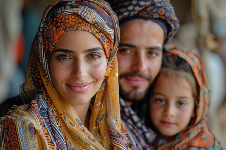 A smiling family wearing colorful, patterned headscarves poses closely together, reminiscent of the unity seen in tales like those of Simon the Zealot in the Bible.