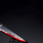 Chef's knife with a black handle on a dark surface, blade covered in red liquid, suggesting blood, with droplets nearby.