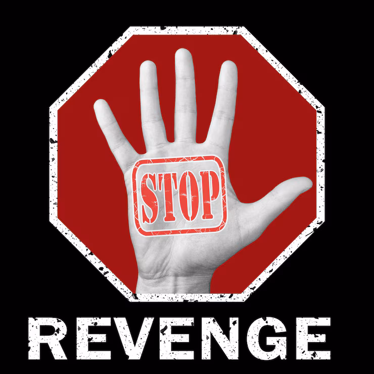 A stop revenge conceptual illustration open hand with the text "stop revenge"