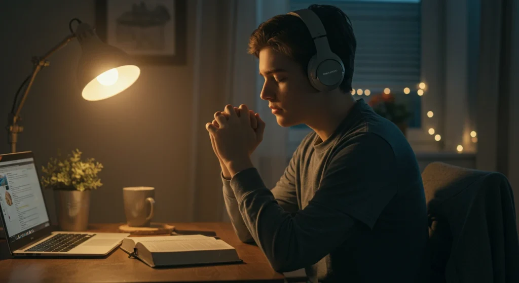 Un joven reza mientras escucha música