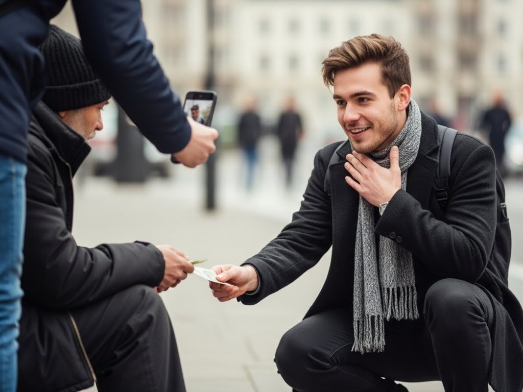 A man posing for pictures aftr gifting a beggar money