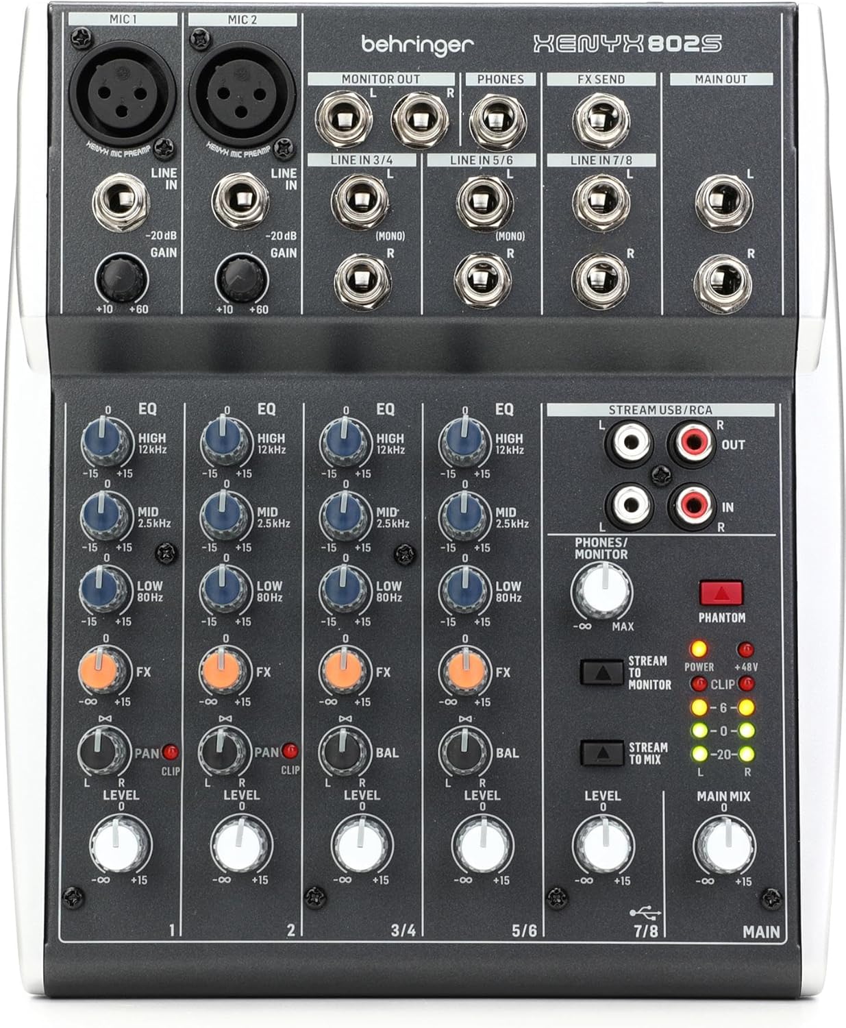 Behringer XENYX 802S audio mixer with USB streaming interface