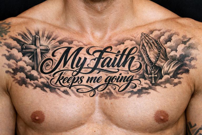 Man with My Faith Keeps Me Going full chest tattoo with cross and praying hands — bible quote chest tattoos for men