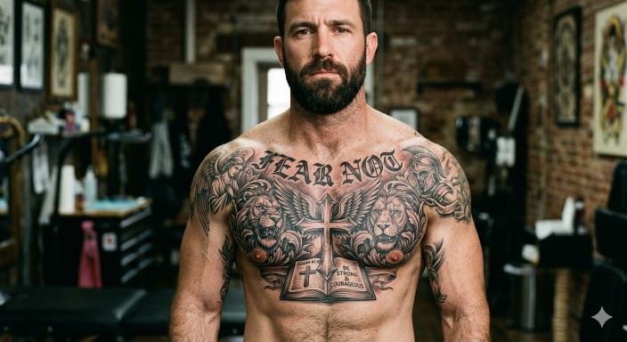Man in tattoo shop with Fear Not chest tattoo featuring lions cross and Bible — strength bible verse chest tattoos for men