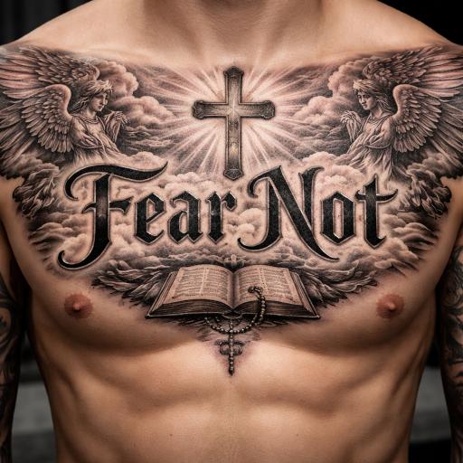 Man with Fear Not chest tattoo featuring angels cross and open Bible — inspiring bible verse chest tattoos for men