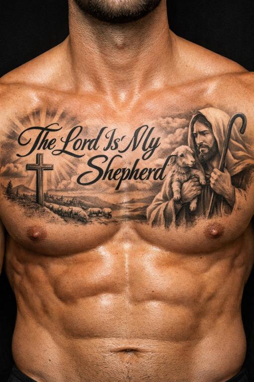 Man with The Lord Is My Shepherd Psalm 23 chest tattoo with Jesus holding lamb — meaningful chest tattoos for men