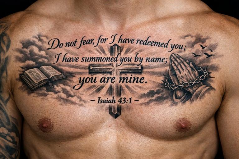 Man with Do Not Fear For I Have Redeemed You Isaiah 43:1 full chest tattoo — bible verse tattoo ideas for men