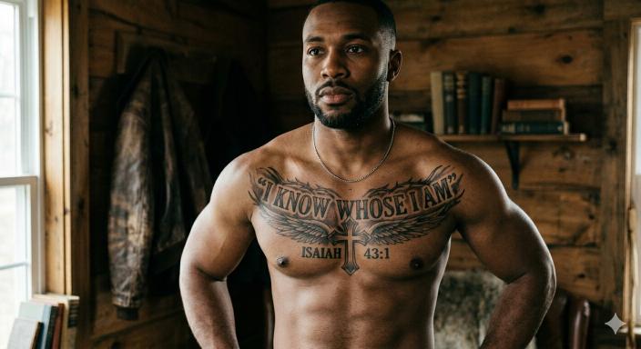 Man with I Know Whose I Am Isaiah 43:1 chest tattoo with eagle wings and cross — identity bible verse chest tattoos for men