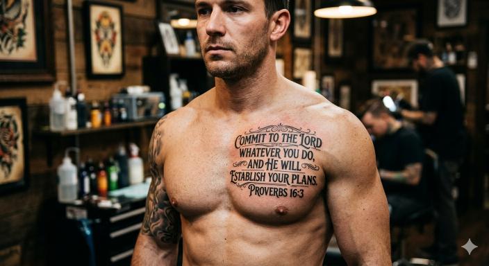 Man in tattoo shop with Commit to the Lord Proverbs 16:3 chest tattoo — faith bible quote chest tattoos for men