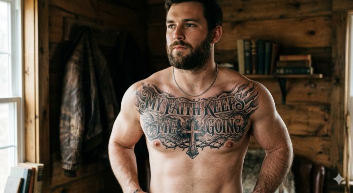 Bearded man with My Faith Keeps Me Going chest tattoo in rustic setting — powerful bible verse chest tattoos for men