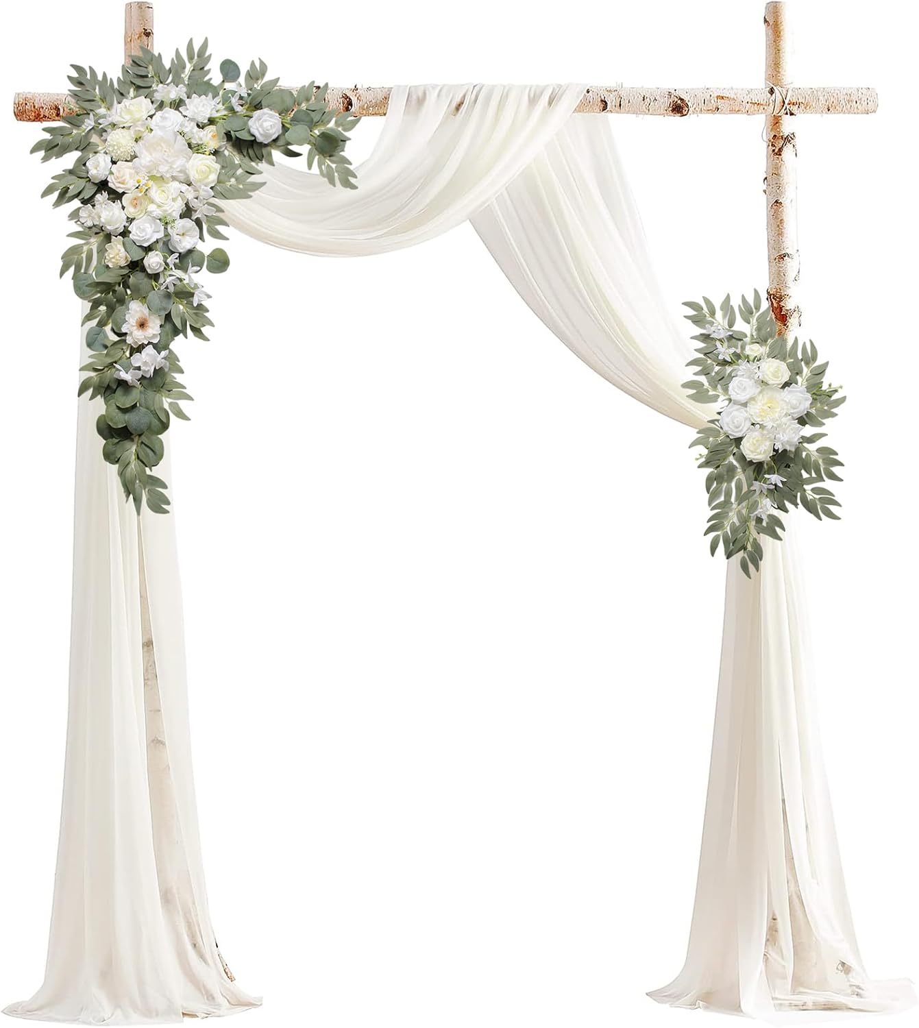 BASIMAN white floral arrangements with draping fabric, 3-piece kit on a ceremony arch