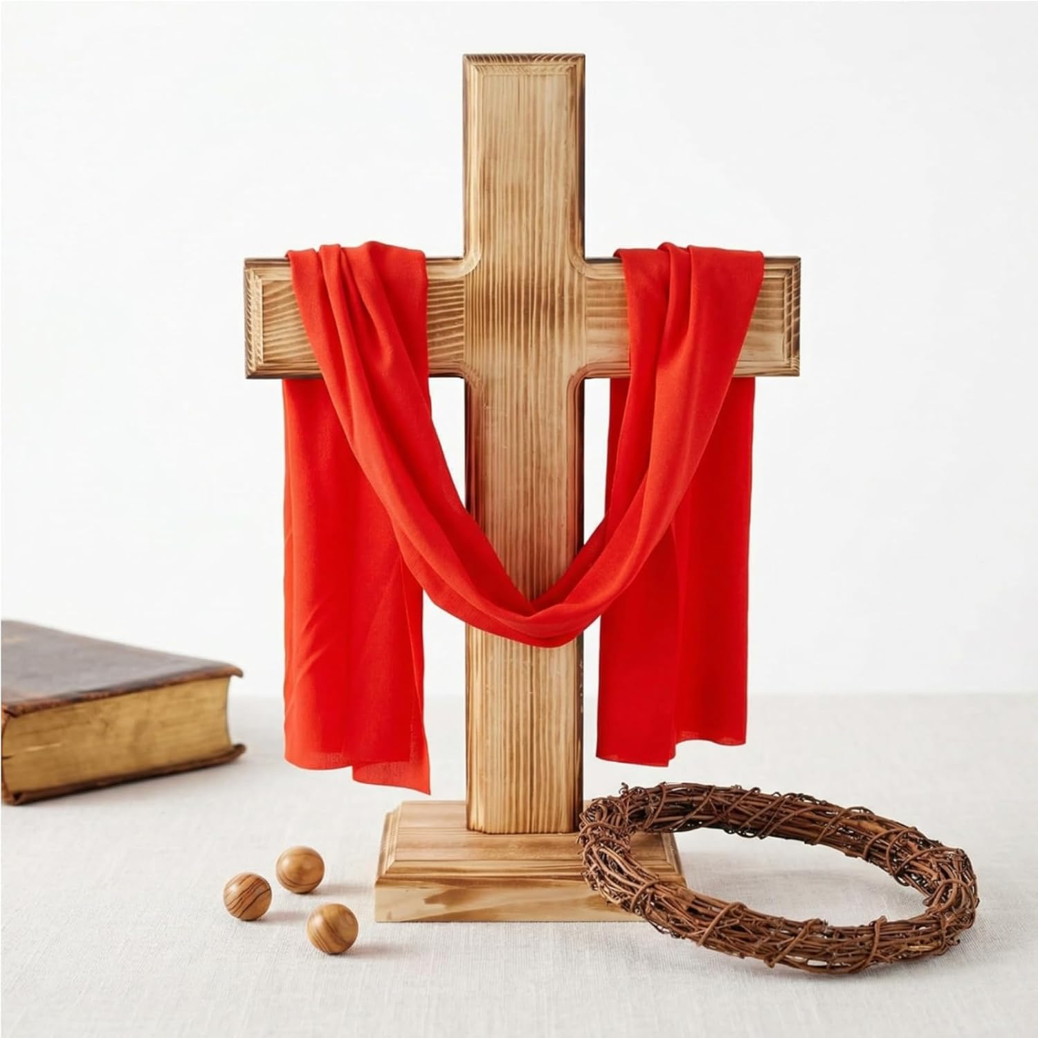 Blayvorn Easter Wooden Cross with Red Cloth for Good Friday Church Display