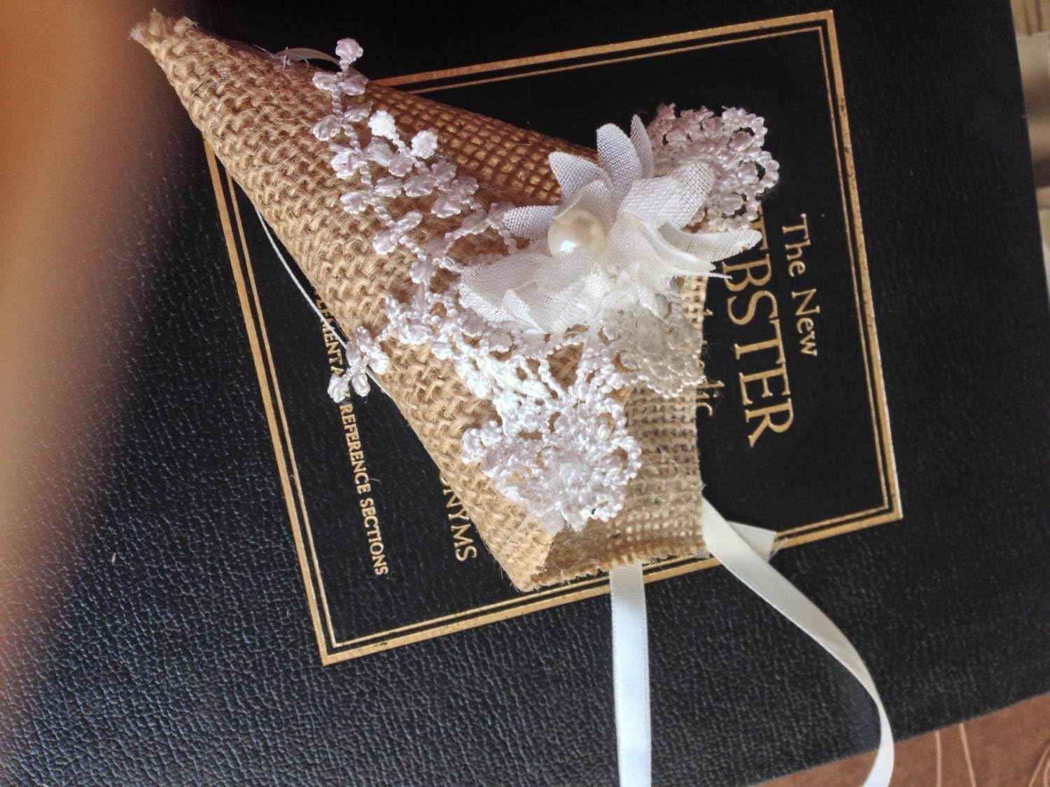 Burlap Pew Cones for rustic church wedding ceremony pew decoration