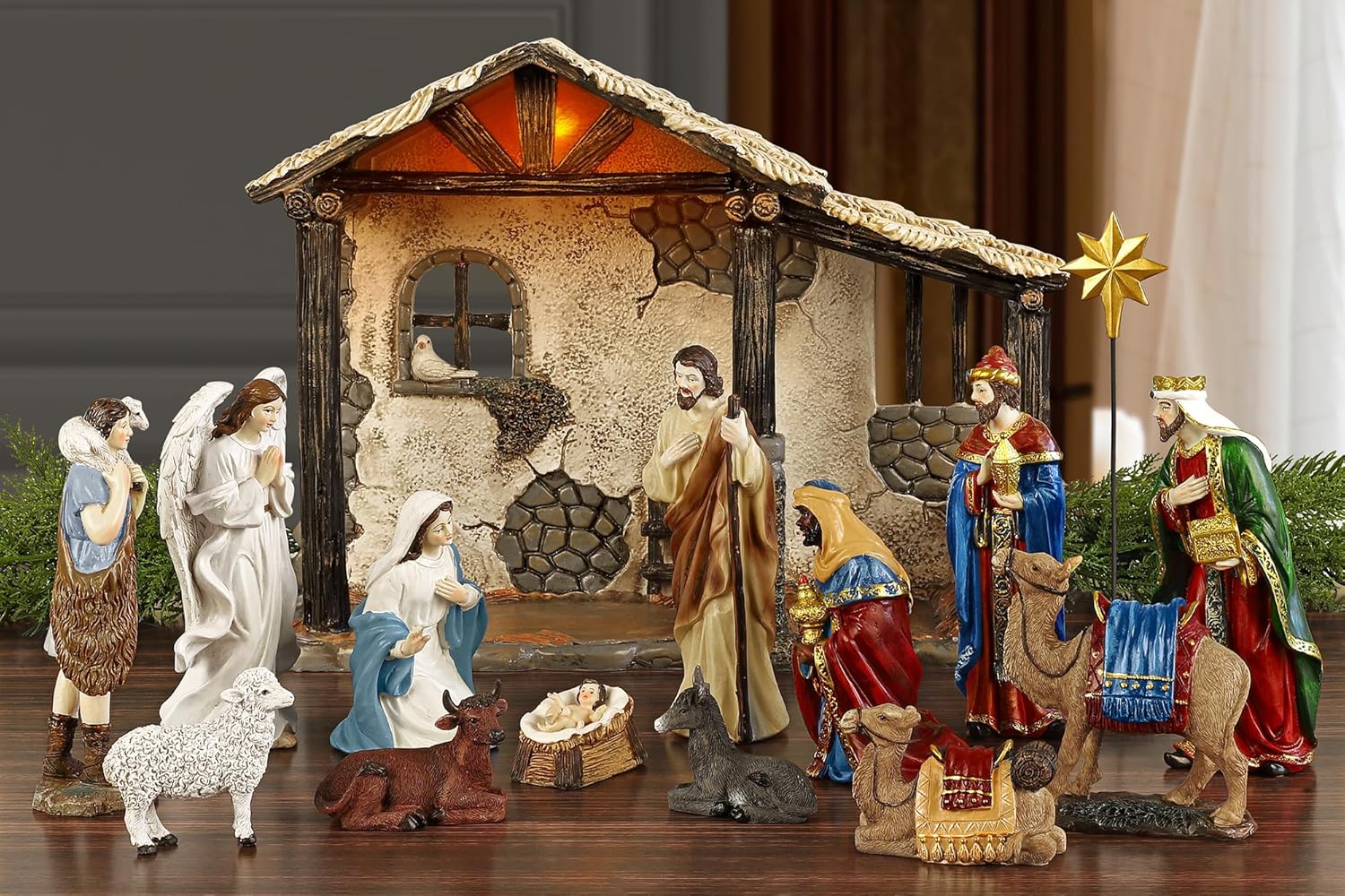 large indoor nativity sets for churches — Fovths 16 Piece Lighted Deluxe Edition Resin