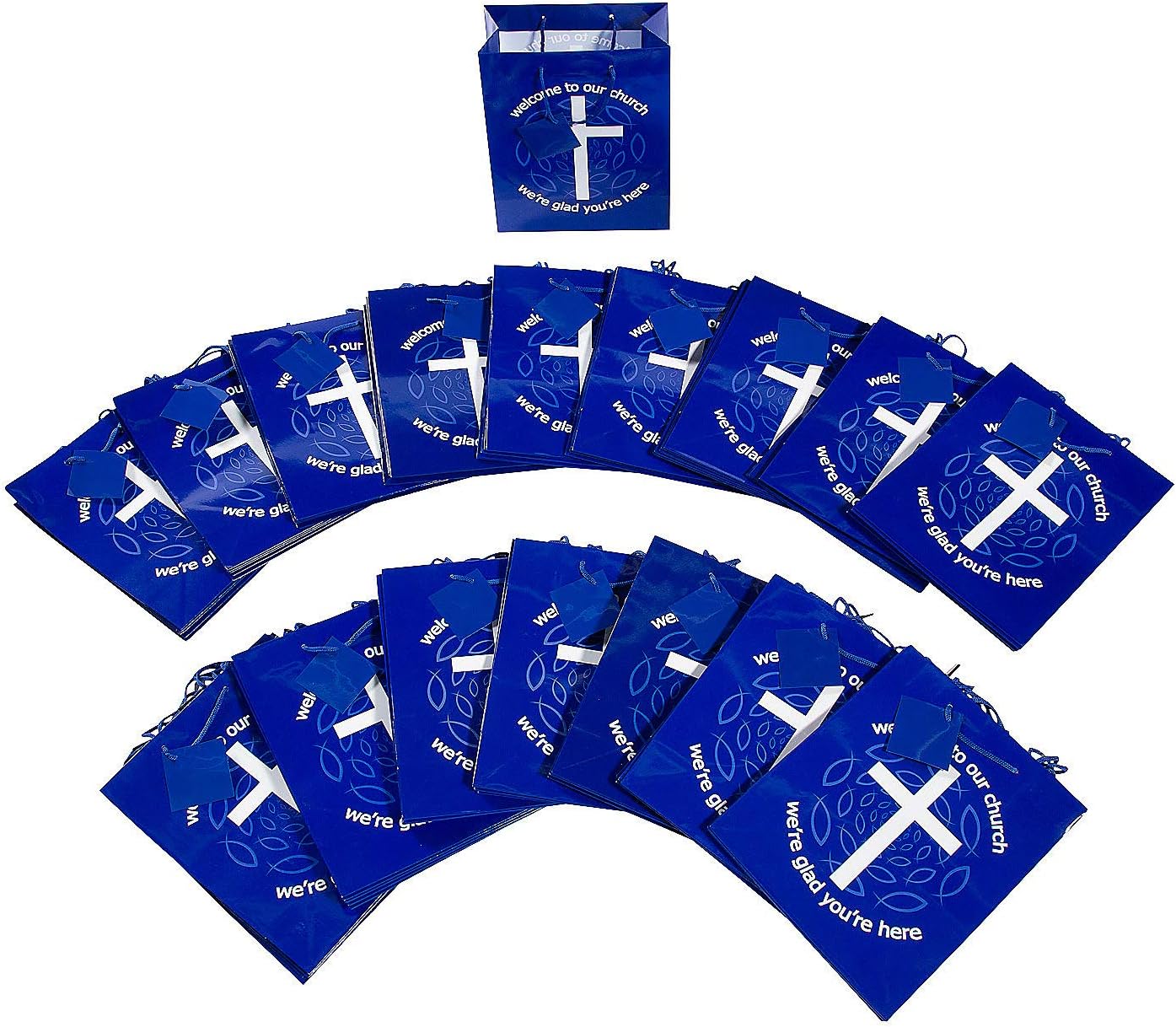 Fun Express Welcome to Our Church Gift Bags — blue paper bags for first-time church visitors