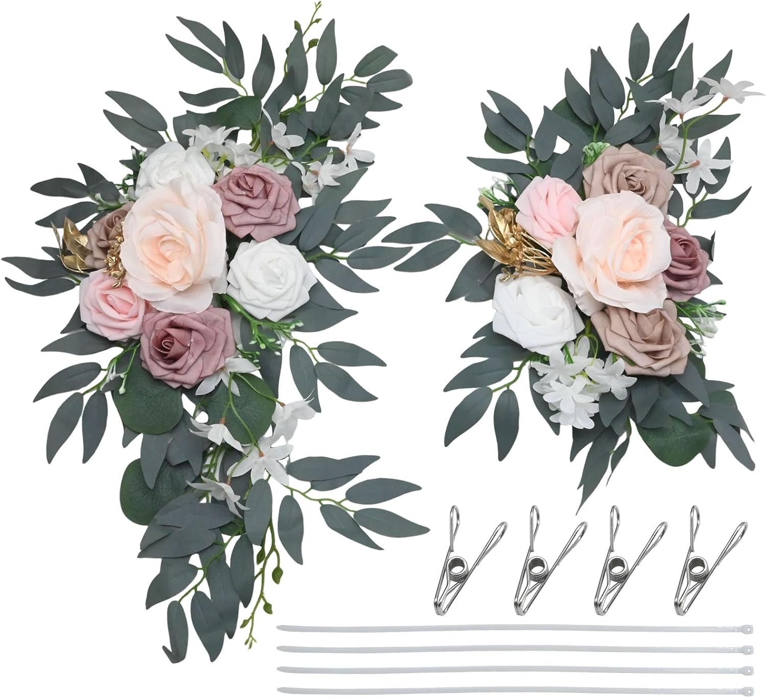 Hoypeyfiy pink silk and foam floral swags hanging from a ceremony arch