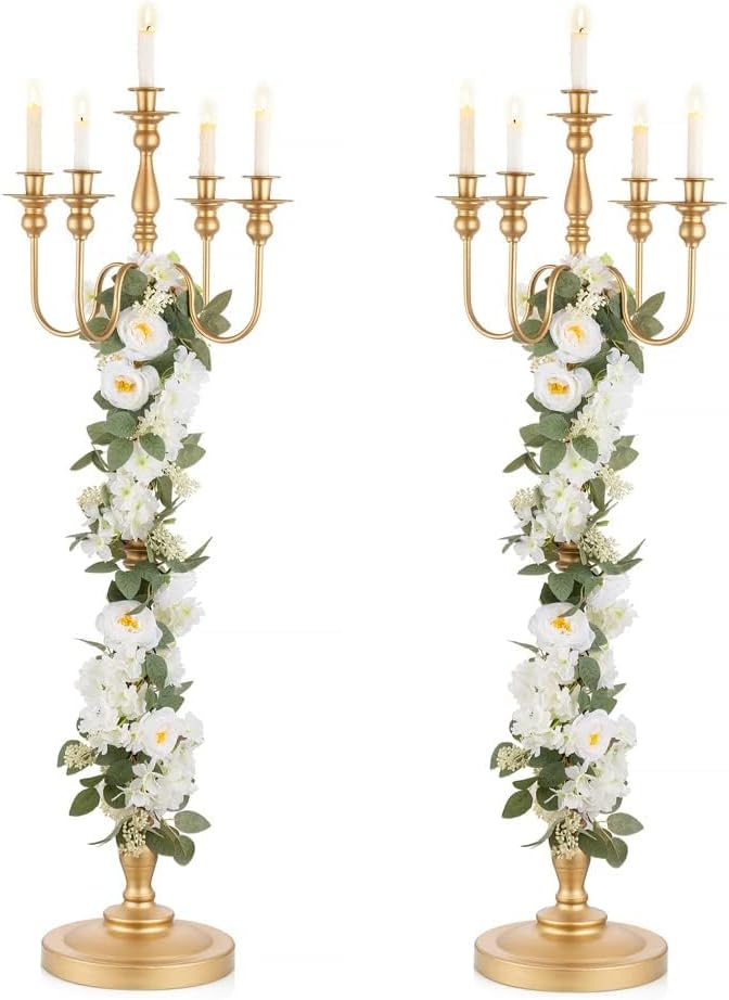 Inweder 50-inch antique gold 5-arm spiral floor candelabra fully assembled, with taper candle sockets