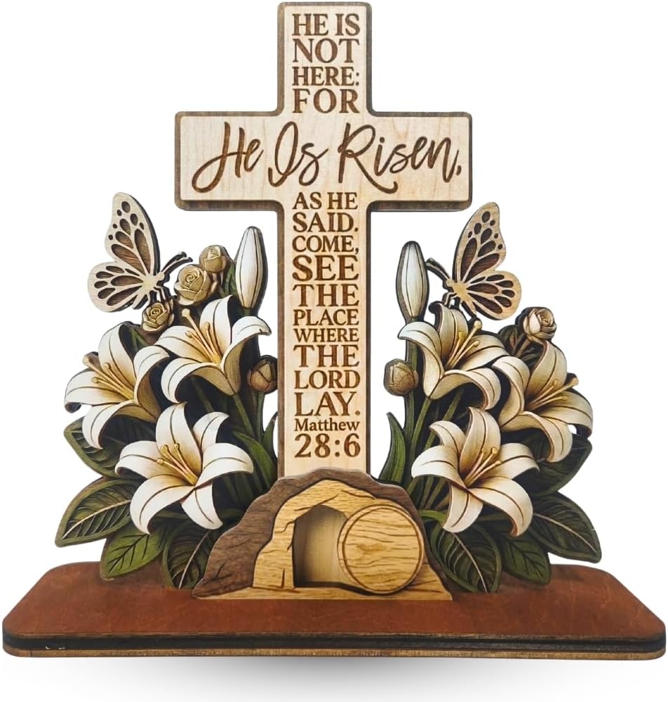 KATINAT He Is Risen 3-Layer Wooden Cross Easter Decor