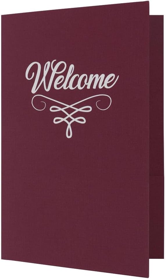 LUXPaper Burgundy Linen Welcome Folders with silver foil for churches