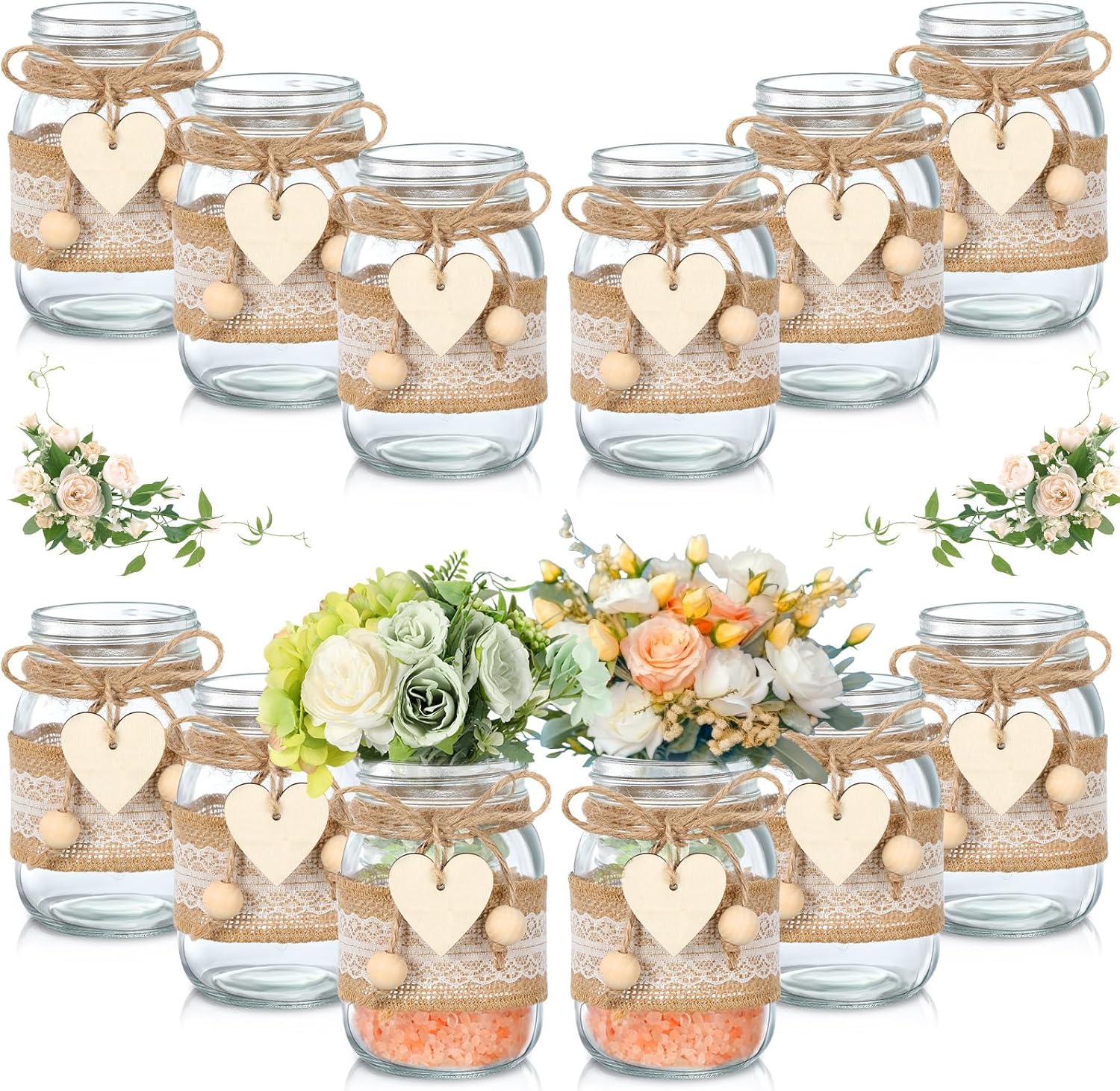 Mumufy 12-set mason jar table centerpiece with lace and hemp rope for church wedding