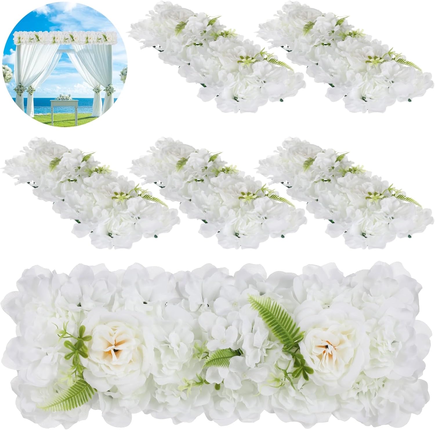 NIMBLOOM white faux hydrangea floral swag panels draped over an altar rail