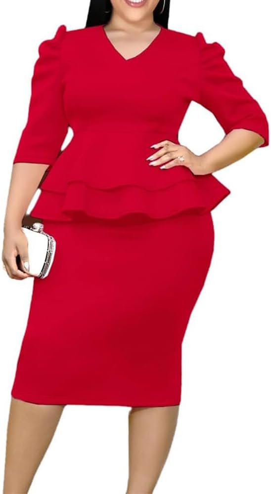 plus size church outfit ideas — ONTINVA Plus Size V-Neck Peplum Midi Dress