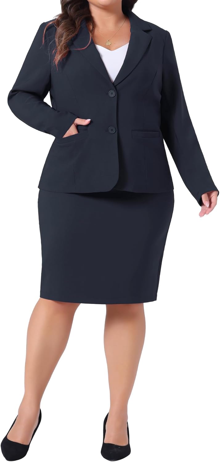 plus size church outfit ideas — Agnes Orinda Plus Size 2-Piece Blazer & Pencil Skirt Set