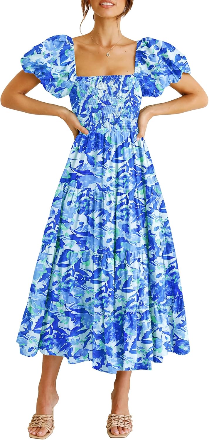 sunday cute church outfit ideas — PRETTYGARDEN Square Neck Smocked Tiered Ruffle Midi