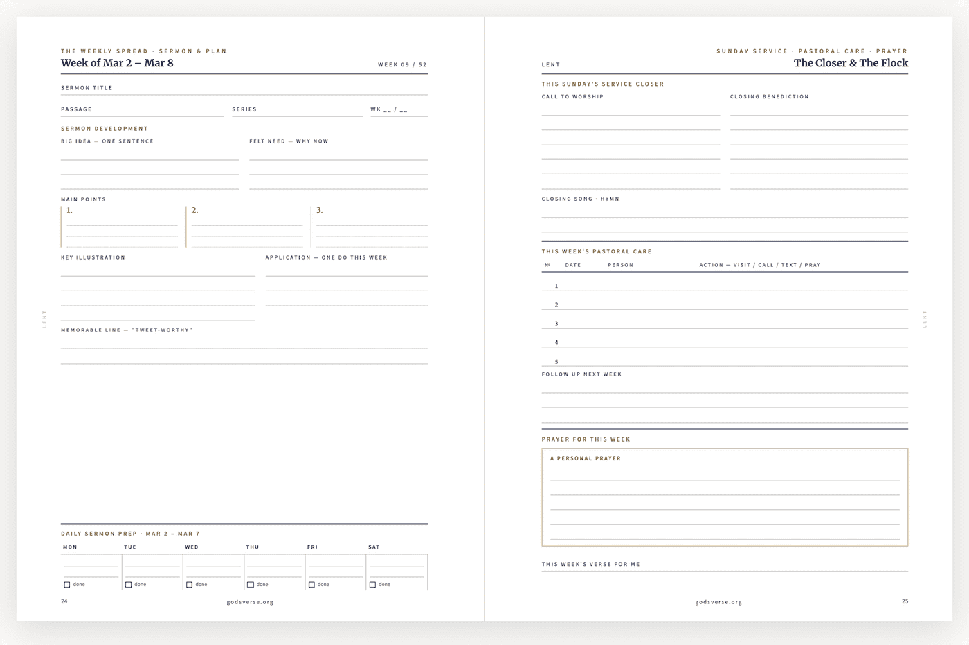 A two-page weekly spread from The Pastor's Deluxe Weekly Planner — sermon prep on the left, service closer and pastoral care on the right.