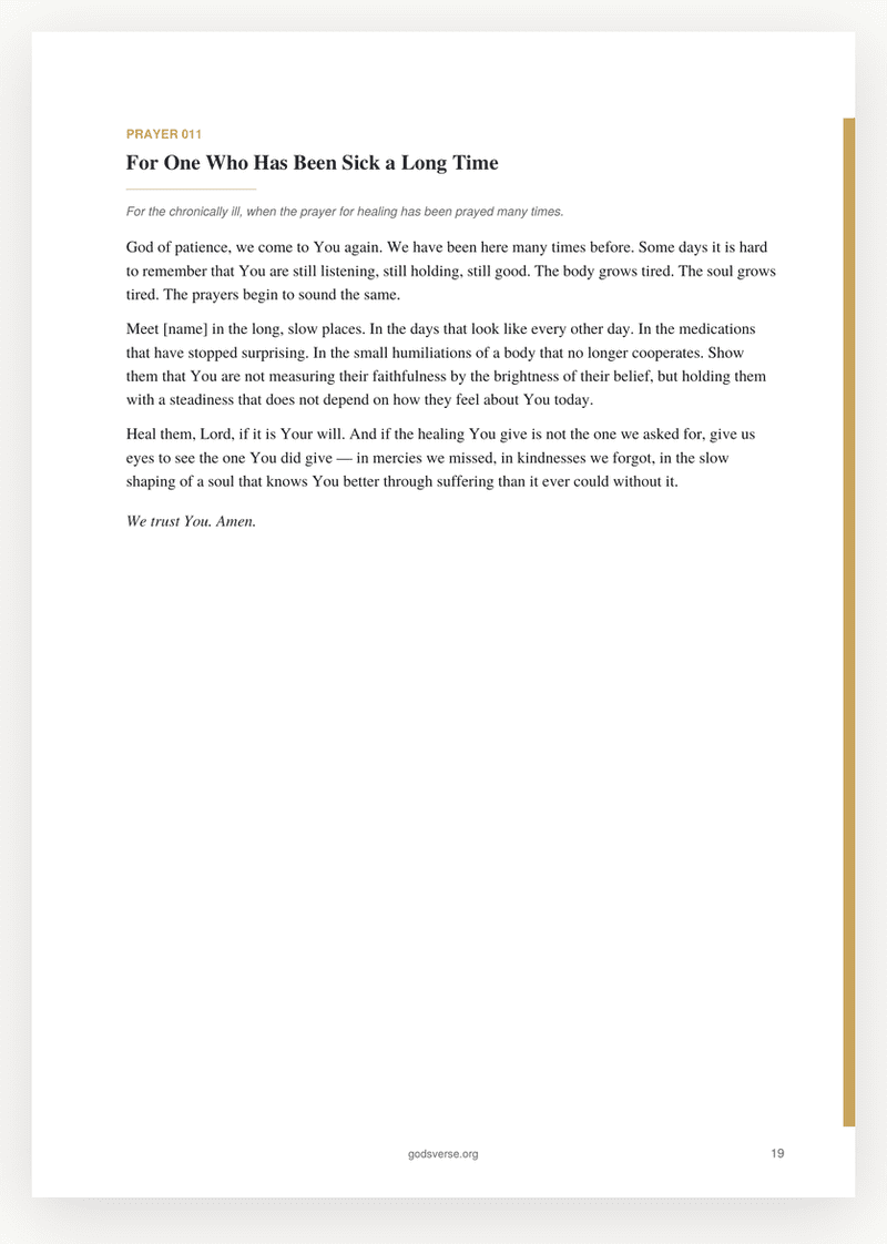 A prayer page from 100 Pastoral Prayers — 'For One Who Has Been Sick a Long Time.'