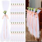 Threlaco 24 pew bows with baby's breath tulle for church pews wedding aisle decorations