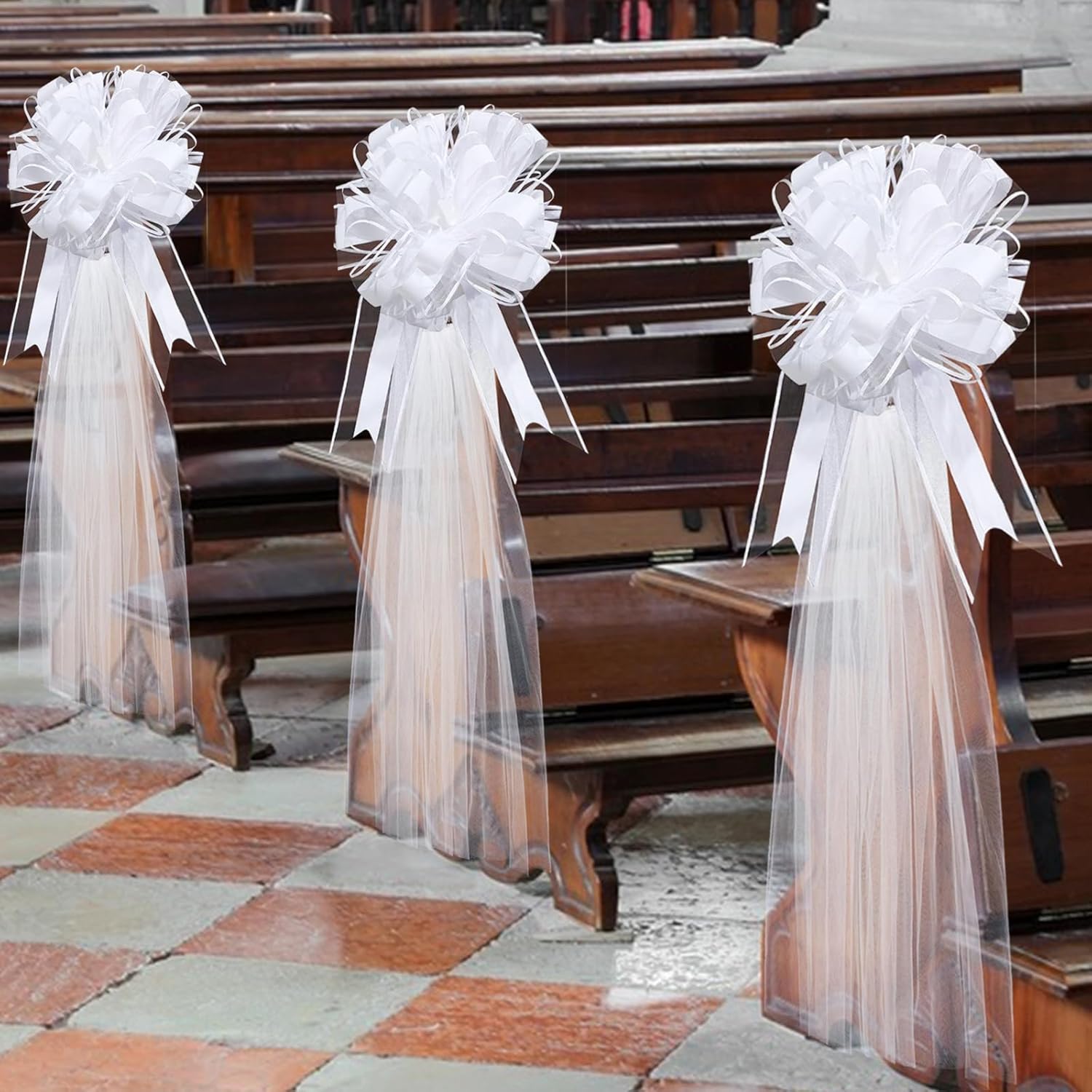 30 pre-tied white satin pew bows with long flowing tulle tails